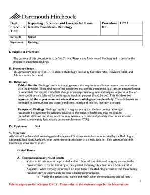 Reporting of Critical and Unexpected Exam Procedure 11761 .